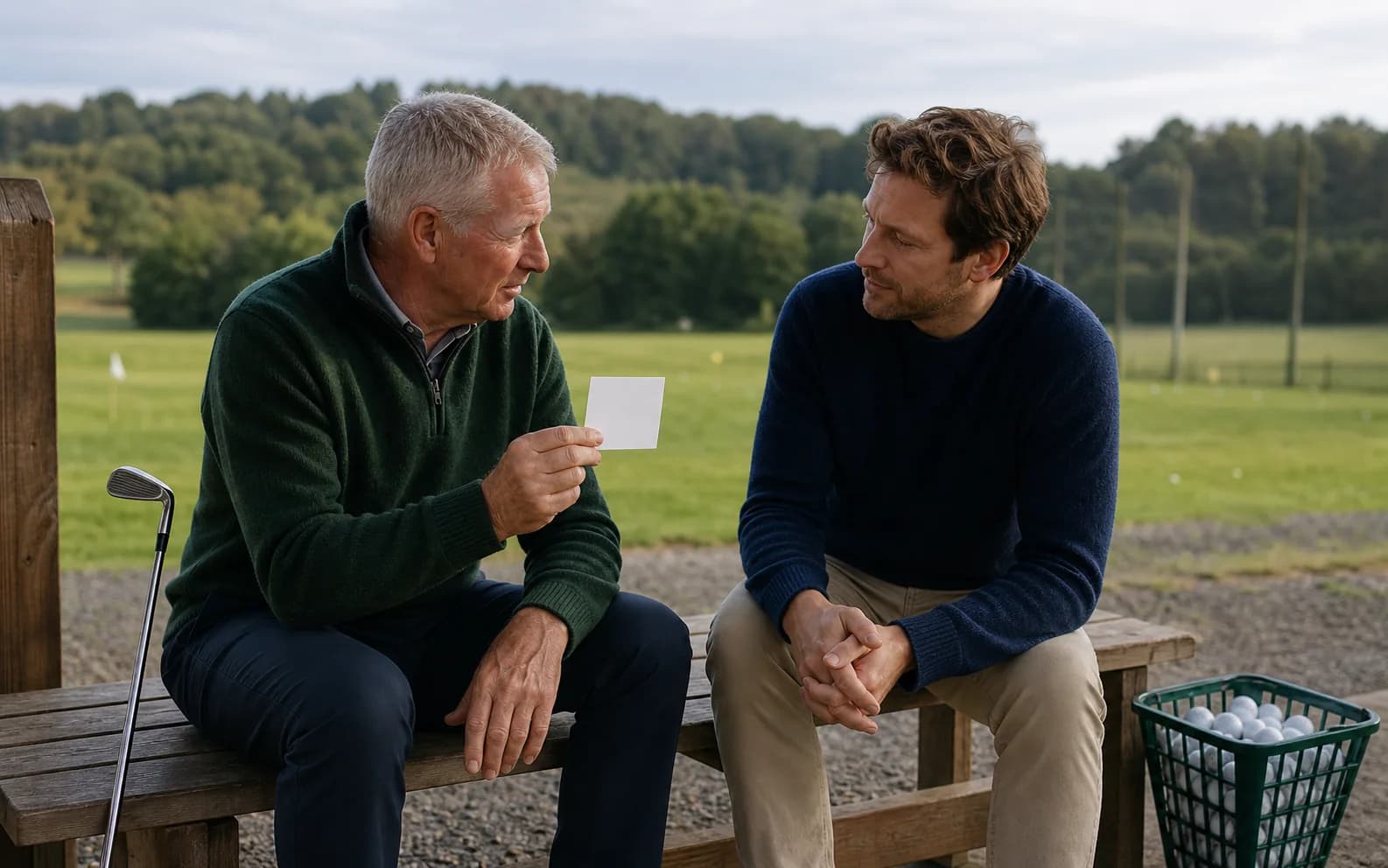 A coach giving a golfer one clear practice note at the end of a lesson