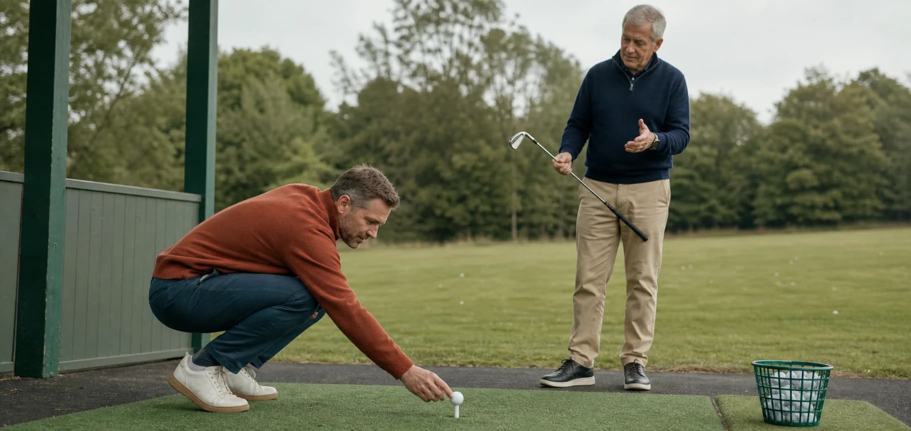 An adult beginner placing a ball on a tee as a coach explains the first lesson