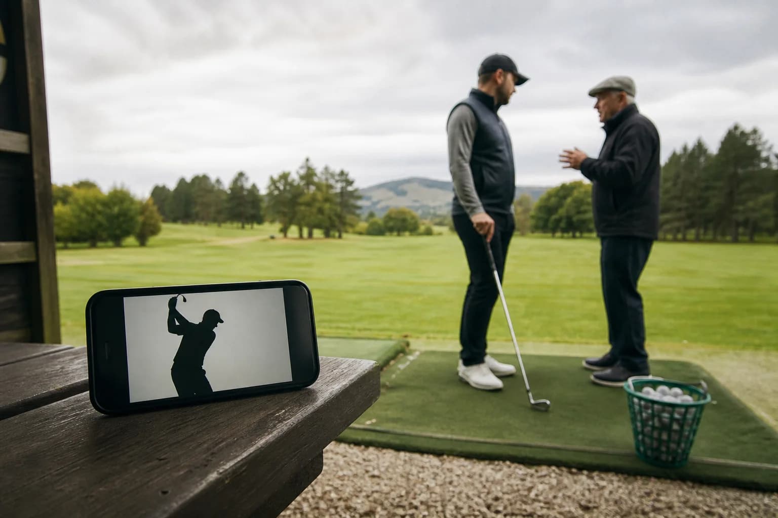 A golf video on a phone beside an in-person coaching conversation