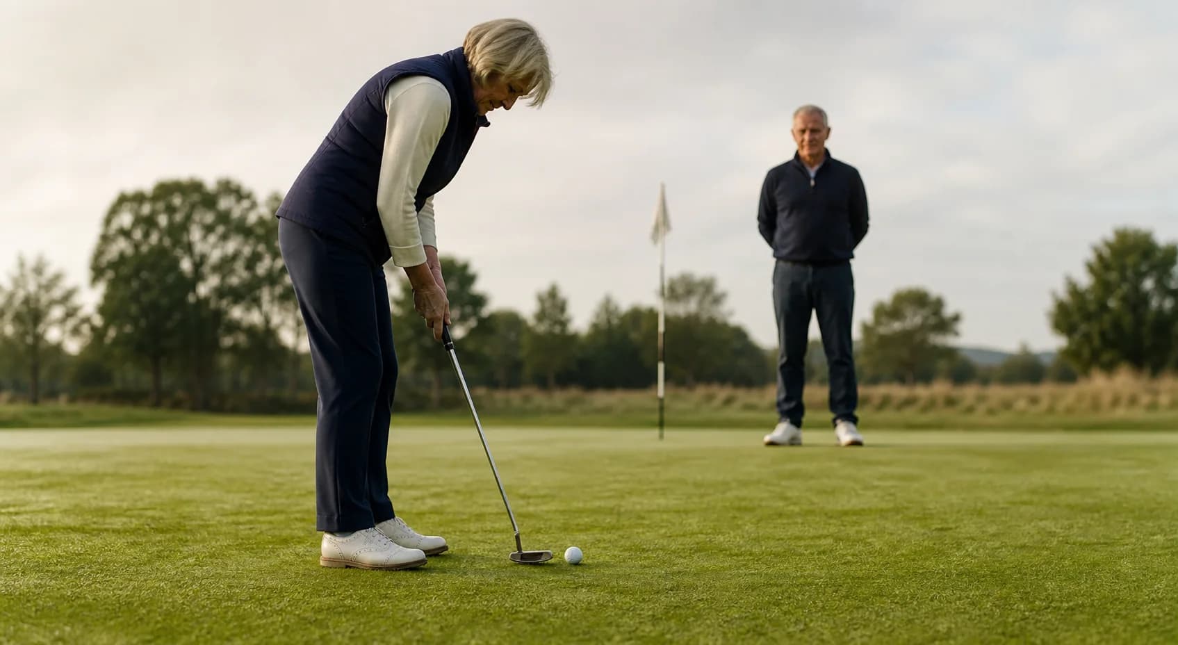 An older golfer practising a short putt while a coach observes