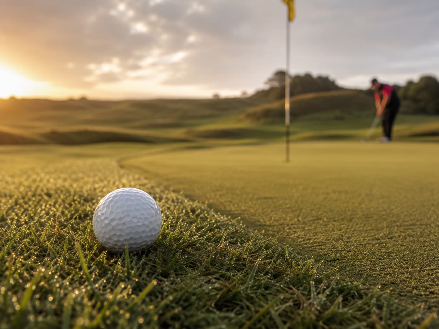 A golf ball on the edge of a putting green at sunset, flag behind